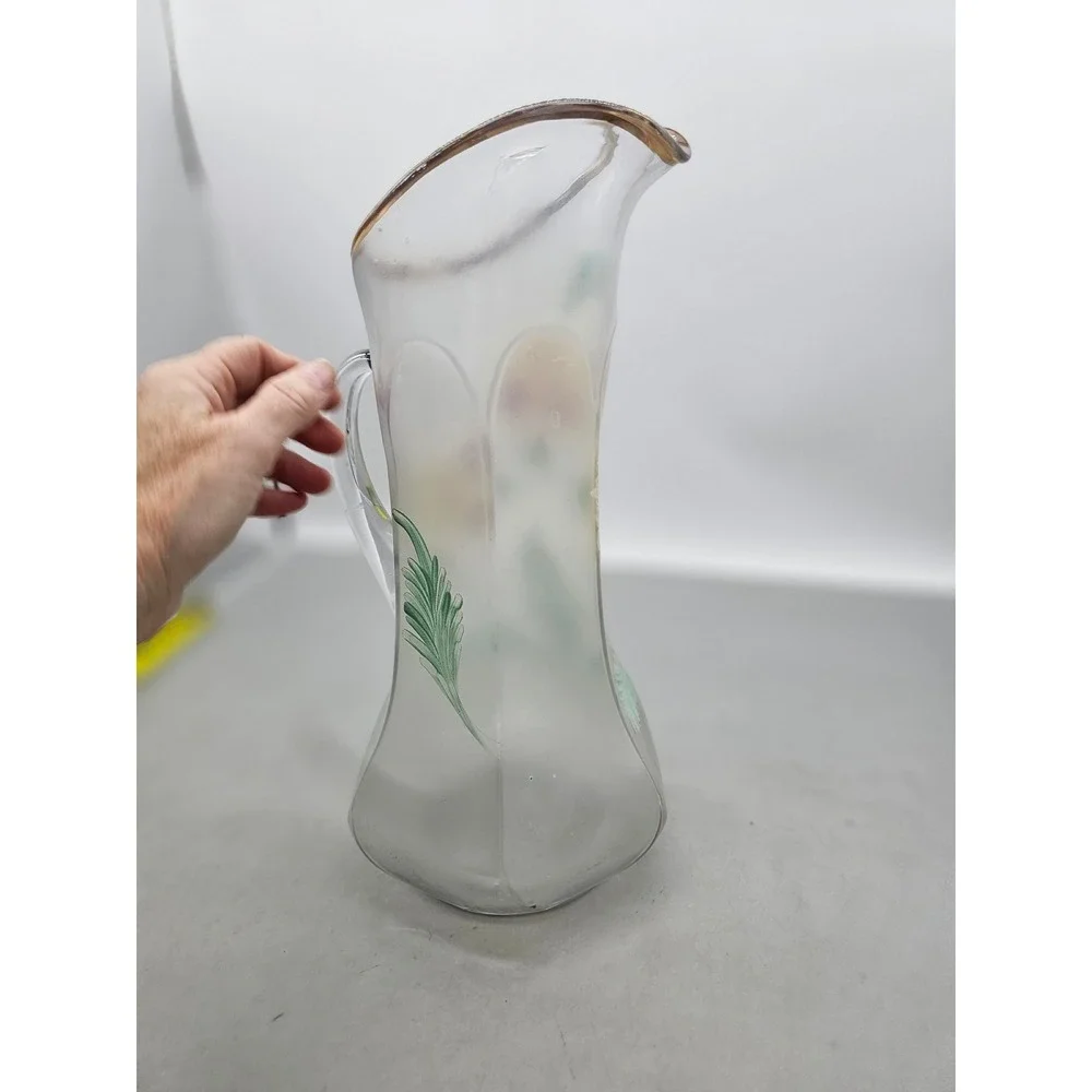 Antique Frosted Glass Pitcher Hand Painted Floral Gold Rim Victorian Art Glass